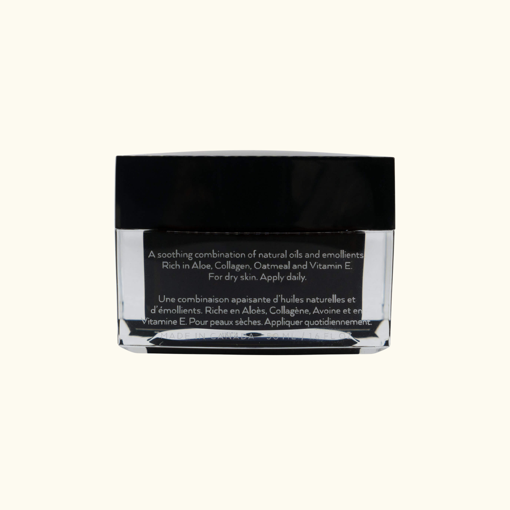 Cosmetic jar with black lid on a white background