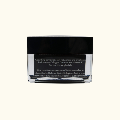 Cosmetic jar with black lid on a white background