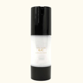 Skincare bottle with black cap and white body displaying 'The Glow GC Collection' on a white background