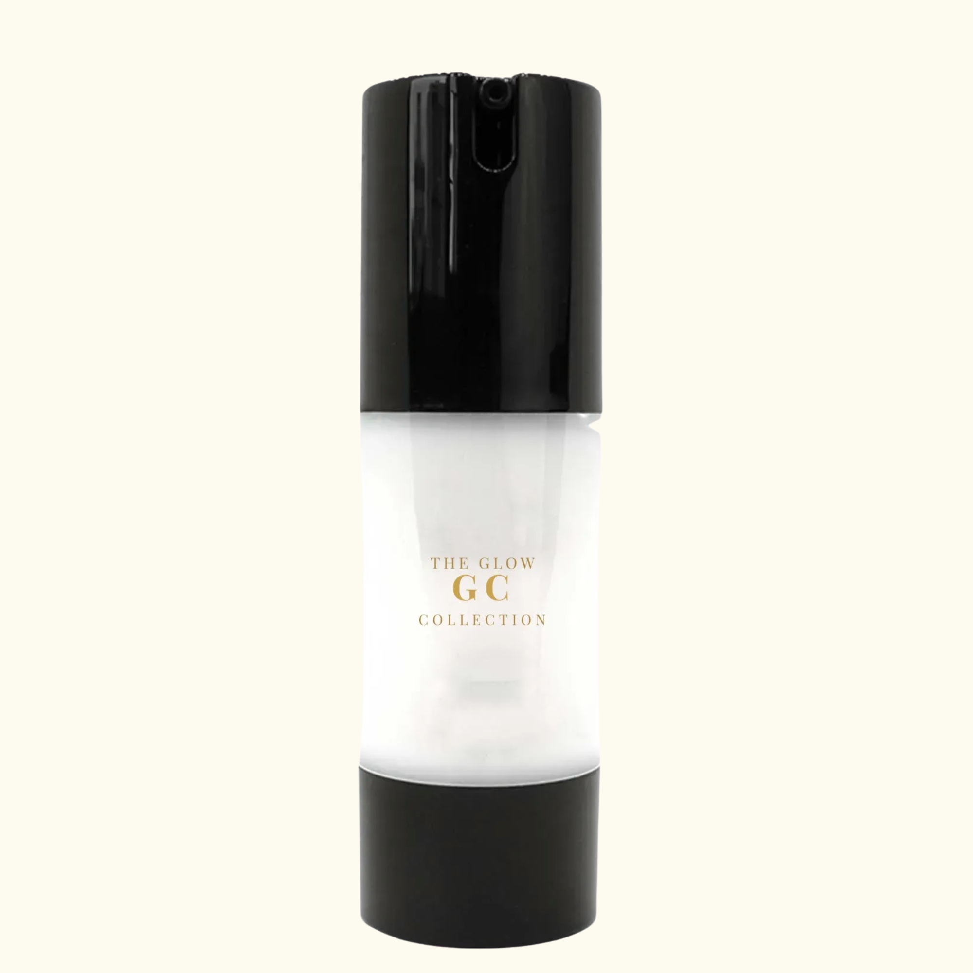 Skincare bottle with black cap and white body displaying 'The Glow GC Collection' on a white background