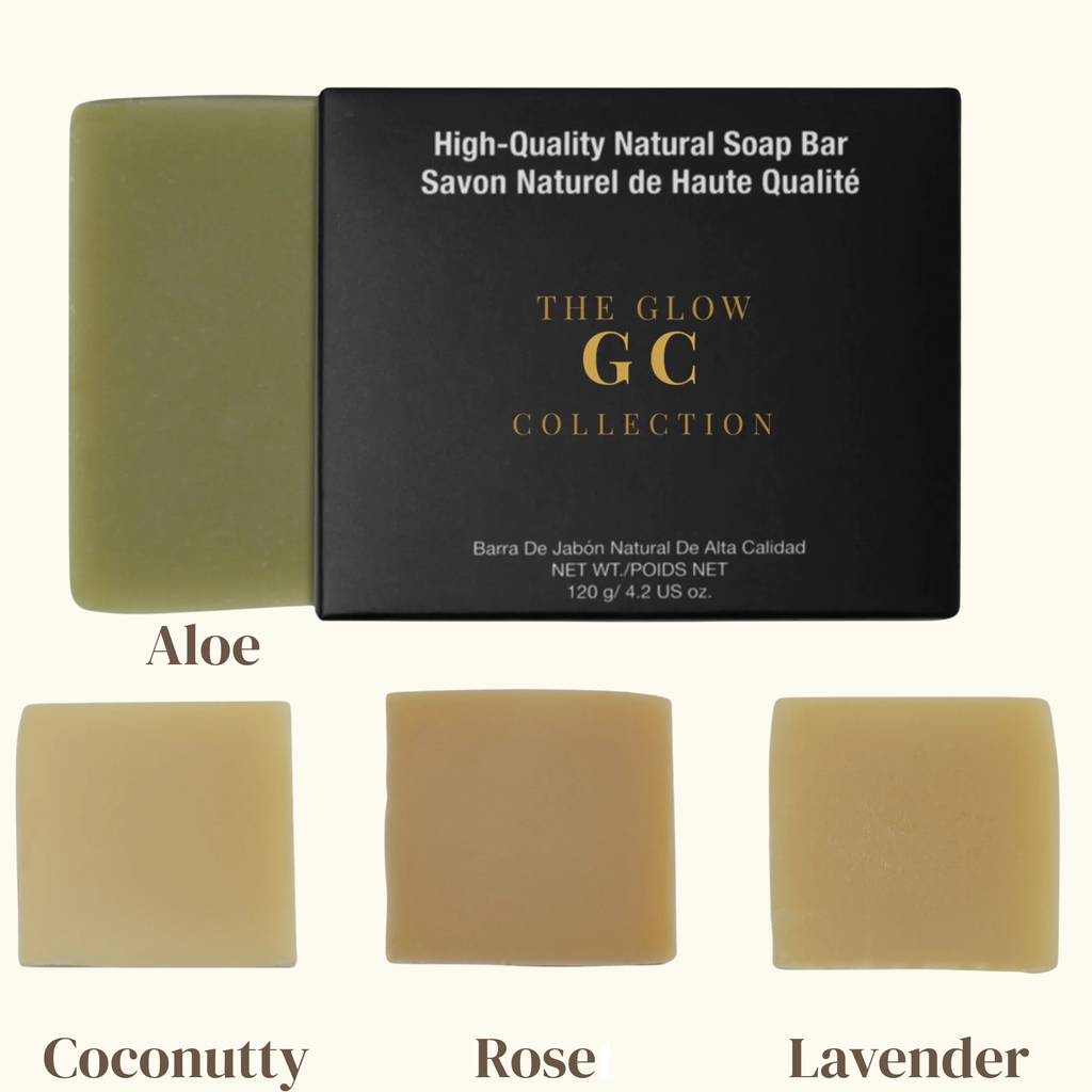 Four soap bars from The Glow GC Collection with their respective names and a black box labeled 'High-Quality Natural Soap Bar'.