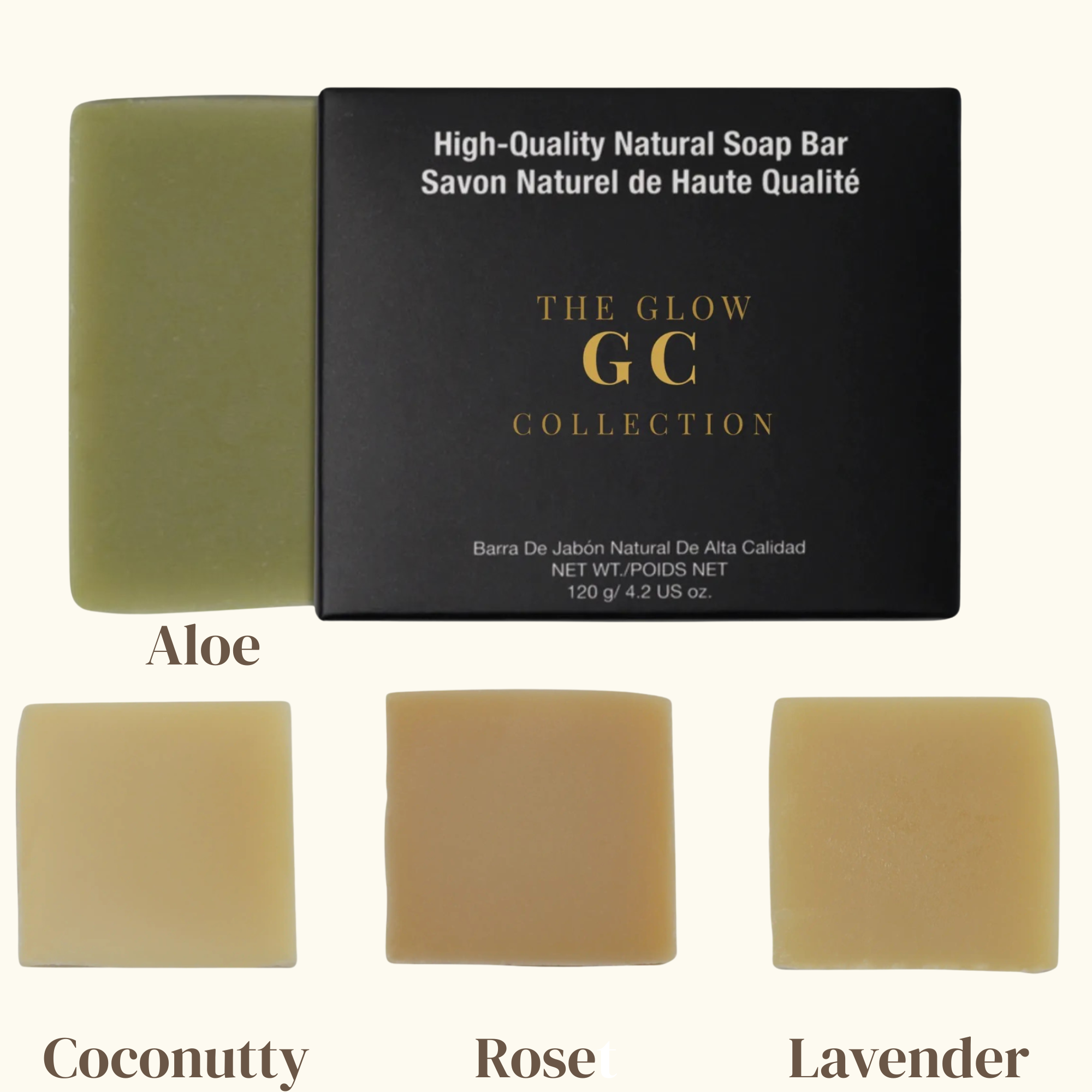 Four soap bars from The Glow GC Collection with their respective names and a black box labeled 'High-Quality Natural Soap Bar'.