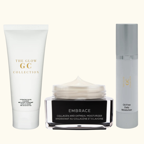 Three skincare products from The Glow GC Collection on a white background