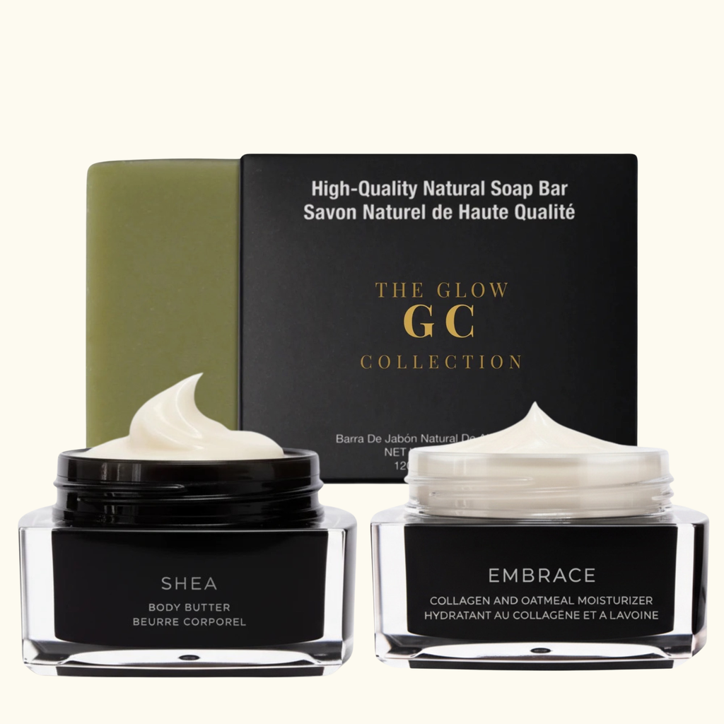 Two skincare products with 'The Glow GC Collection' packaging on a white background