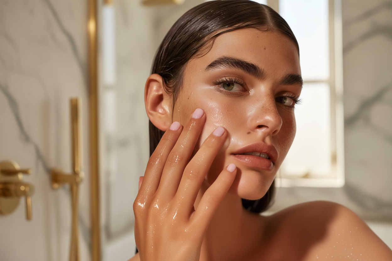 Model positioned on right with dewy skin